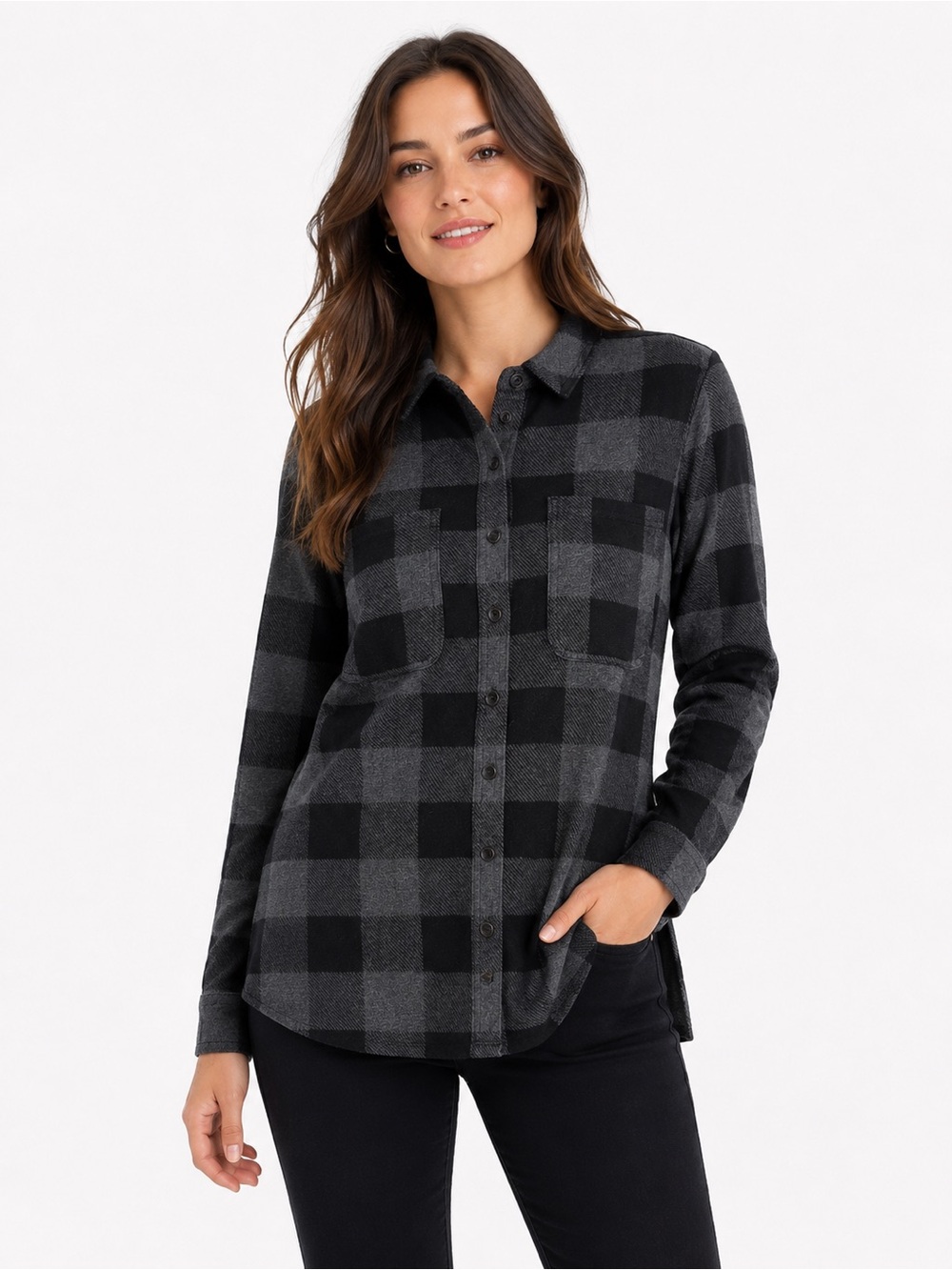 Duluth Trading Co. Women’s Gray Black Buffalo Plaid Button Front Shirt Size M